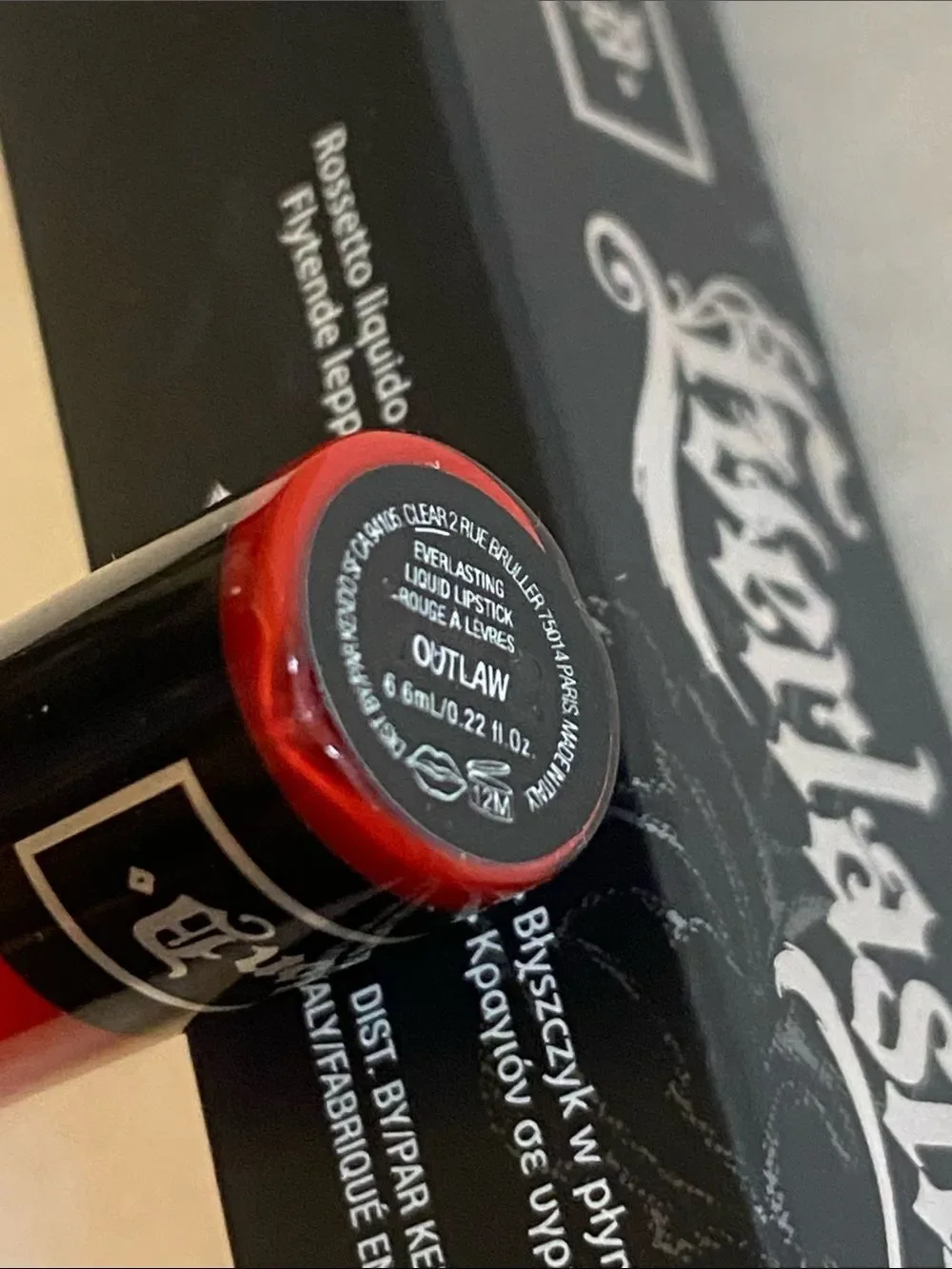Kat Von D Red Everlasting Liquid Lipstick Outlaw Color with Black Floral Cap